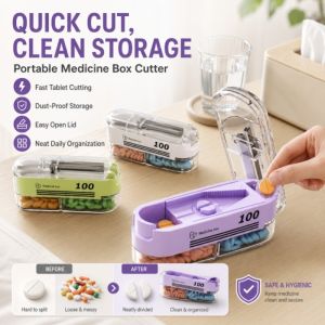 Portable Pill Box 4 Way Precision Pill Cutter Tablet Splitter Multifunctional Organizer Travel Storage Case
