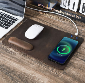 CONTACTA FAMILY Mouse Pad with 15W Phone Wireless Fast Chargers Genuine Leather Charging Mouse Mat for PC Computer Laptops Office Accessories