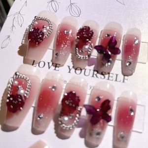 IKAN Seni Kuku Mutiara Mawar Sedang - Seni Kuku Bunga Merah Cerah 3D - Stiker Kuku French Luxury Blush