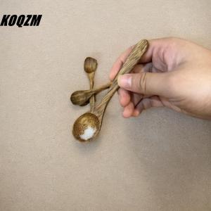 KOQZM🍽🍷 5PCS Wooden Round Cooking Utensil Natural Bamboo Non Stick Long Handled Soup Spoons Sugar Tea Honey Scoops Kitchen Tableware