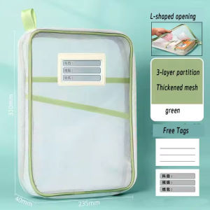 L Shape Mesh Zipper File Bag A4 Large Capacity Nylon Mesh Semi Transparent File Bag Pouch Bag