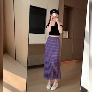 Ammin 2024 Mùa Xuân/Mùa Hè màu trơn inlectual sang trọng trong tua dài thiết kế váy dệt kim Nữ Phong Cách Hàn Quốc A-line thời trang Chân Váy Ngắn rỗng