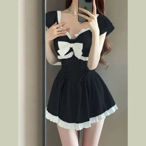 OIINAA Bow Swimming Suit Women Swimwear Sweet Girl Spliced Ruffle Lace Up Chic Fashion Bodysuit Swimsuit Bathing Dress