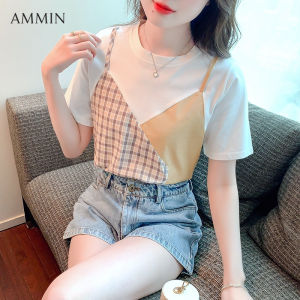 AMMIN summer Korean style ladies short-sleeved plaid stitching printed t-shirt 2022 new ins trendy design sense loose stitching plaid fake two casual tops