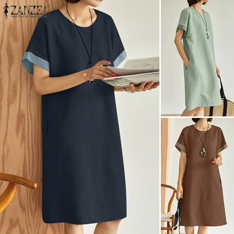 Vintage Contrast Color Loose O-neck Short top Sleeve Dress For Women