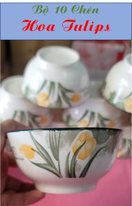 BỘ 10 CHÉN CƠM GỐM CAO CẤP HỌA TIẾT HOA TULIPS + TẶNG KÈM 10 ĐÔI ĐŨA GỖ LÊ VÂN