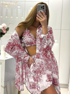 ชุด3ชิ้นแฟชั่นทรงหลวมชุดเสื้อผ้าแขนยาวหรูหราสำหรับผู้หญิง + บราพร้อมกางเกงขาสั้นเอวสูงชุดสตรีทแวร์