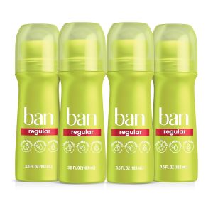 Ban Invisible Roll-on Antiperspirant Deodorant for Women and Men 24-hour Odor & Sweat Protection Regular Scent 3.5 Oz Pack of 4