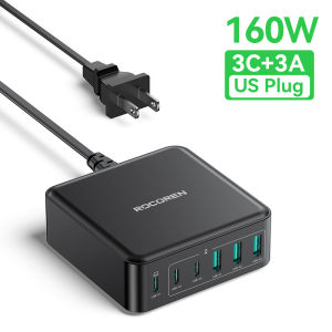 Rocoren PD 160W 6-Ports Smart Fast Desktop Charger 3C+3A USB Type C Travel Multi Plug Charging Station Laptop Power Adapter Simultaneous Power Supply 6 Ports for iPhone 16 15 Huawei MacBook Air