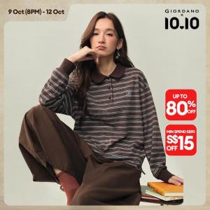 Giordano Women Vintage washed striped long sleeve polo shirt Free Shipping 18316204