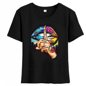Womens Loose Fit Peace Signal Rainbow Lips Finger Print T-Shirt Round Neck Short Sleeve Graphics Tee Top for Daily Wear