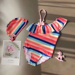 Hot-selling new girls swimsuit Childrens swimsuit with single shoulder bow and colorful stripes cute swimwear
