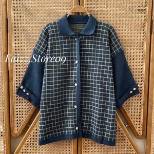 Rani Knitwear Cardigan Rajut Kancing Premium Motif Kotak-Kotak Wanita Lengan 3/4