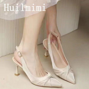Huilm womens high-heeled sandals with a high heel of 6cm in summer womens 2024 new temperament pointed toe stiletto baotou one-word buckle French high-heeled shoes banquet shoes wedding shoes Heeled Sandals