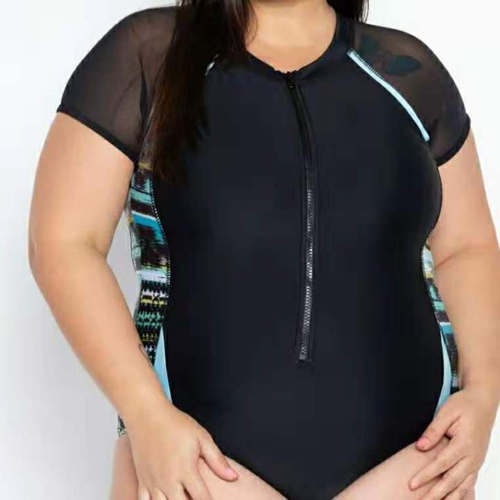 Plus Size Mesh Short Sleeve Zipped Monokini Swimsuit Lazada PH