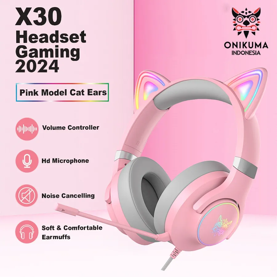 ONIKUMA X30 Headphone Gaming Wanita 2024 NEW Pink RGB Headset