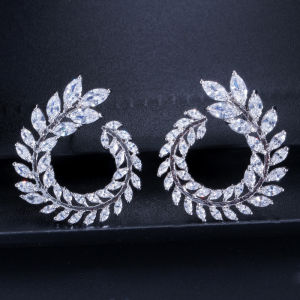 SEQUITO Women Summer Style Jewelry Silver Color Pave Setting Shiny AAA Marquise Cut Cubic Zirconia Leaves Shape Engagement Party Big Stud Earrings SE716