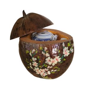 Bình ủ trà trái dừa vẽ hoa đào / Bình trà 07 - 09  lít / Bộ 6 tách uống trà / Sản phẩm thủ công mỹ nghệ độc đáo xứ dừa Bến Tre