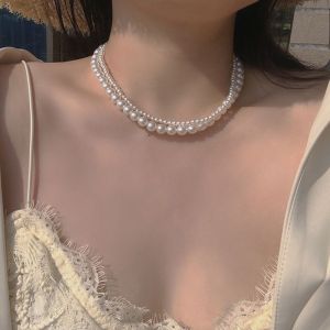 GAI39 Sweet Vintage For Girls Temperament Gift Double Layer Clavicle Chain Choker Women Necklace Pearl Korean Neck Jewelry