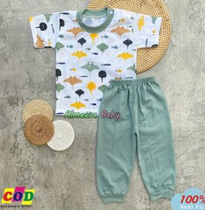 Setelan Baju Bayi Lengan Pendek Celana Panjang Setelan Harian One Set Bayi Motif Ikan Pari Rekomendasi Usia 3-12 Bulan Almeera Baby and Kids