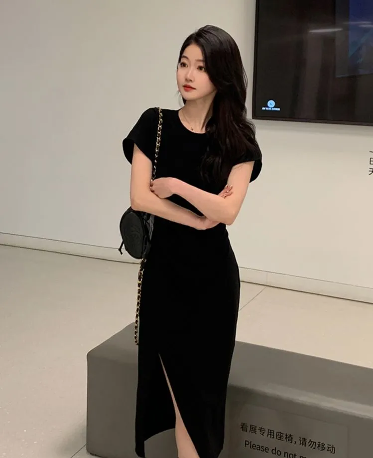 korean sexy black long fitted dress with sleeves simple elegant