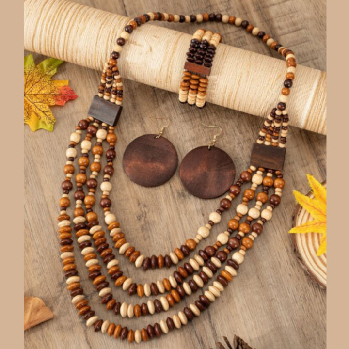 Wooden Necklace Set Wooden Jewelry Near Me 4pcs Set Bohemian Wood