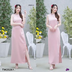 TW20261  เดรสกี่เพ้าแขนกุดทรงสอบผ่าข้าง ..