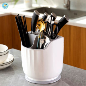 OnlineStore ที่เก็บช้อนส้อม อุปกรณ์จดเก็บในครัว เก็บของได้หลายอย่าง หมุนได้360องศา สีขาว