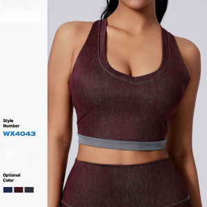 Womens Sports Top Imitation Denim Sports Bra Womens Running Wear Back-Enhancing Pilates Bra Womens Fitness Bra Outerwear Womens Yoga Wear