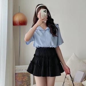 Chân váy nữ dáng lửng 3 tầng chất đũi sần có quần lót trong không lộ