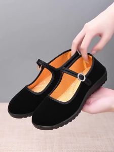 Polyurethane Velvet WomenS Black Flat Shoes For Square Dancing Ceremonial Workwear Hotel Waiter Cloth Shoes Ethnic Style