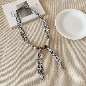 MARGETT Vintage Thin Polka Dot Neckerchief Beads Pearl Collar Decor New Adjustable Silk Scarf Necklace Women Daily Outfit