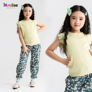 MiniBee - Setelan Anak | 2in1 Baju Peach Ruffle & Celana Motif Bunga – Gaya Korea Casual | Warna Lime