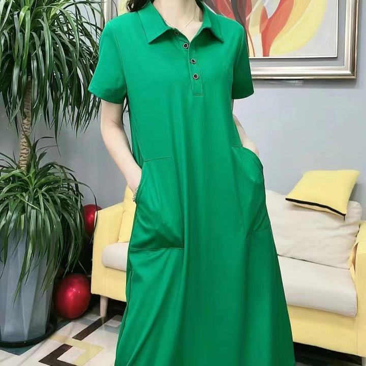 100%25Cotton%20Lapel%20Stretch%20Dresses%20Women%20Korean%20Style%20Short%20Sleeve%20Oversized%20100KG%20Fat%20Girl%20Can%20Wear%20Loose%20Casual%20Plain%20Cotton%20Polo%20Collar%20Long%20T-shirt%20Dresses%20-%20Image%205