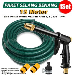 ELINK - Paketan Universal 15 Meter Selang Semprotan Air Semprot Cuci Motor Mobil Siram Taman Benang Hijau Komplit Tinggal Pasang Cocok Untuk Semua Kran Selang Air Serat Benang