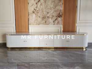 Meja TV Oval Salur Lis Stainless Gold Top Marmer Putih Carrara