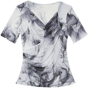 REHIN Womens top Ink painting mesh pleated slim fit short-sleeved T-shirt tide V-neck blouse
