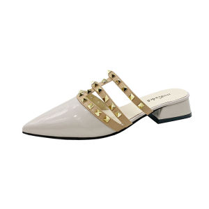 [Free Shipping] Rivet Sandals WomenS Summer Outdoor Flat Sandals Korean-Style Patent Leather Pointed-Toe Half-Slipper Sandals High-Heeled Sandals For Outdoor Wear