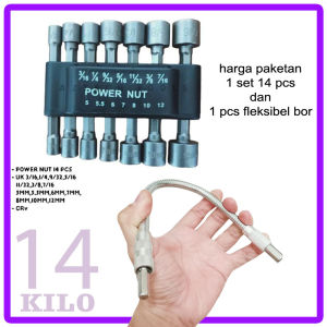 Paket Kepala Obeng Fleksibel Stainless Bor Screwdriver + Kunci Mata Roofing Set 14 Pcs Power Nut