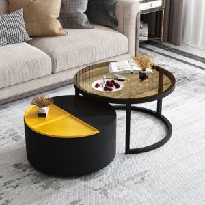 Nordic style living room coffee table combination - retractable tempered glass round table + creative iron side table