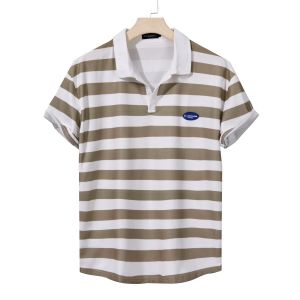 Japanese striped POLO shirt short-sleeved mens piqué cotton breathable loose casual lapel bottoming shirt heavy t-shirt trendy brand