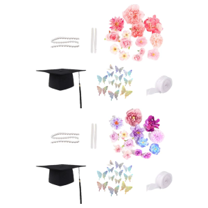 Graduation Hat Top Decoration Set With 3D Butterfly Sticker Artificial Flower Pearls Chain For Art Craft Project