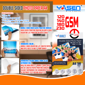 YASEN Glossy Double Sided Photo Paper 1 Pack 120GSM / 140GSM / 180GSM / 230GSM A4 Size Back to Back Printing Photopaper Photopapers for Brochure Magazine for All Types of Inkjet Printer (50 Sheets)