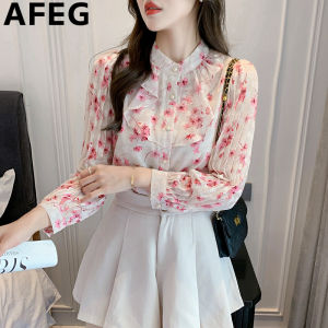 AFEG Korean stand collar ruffled edge fashion loose temperament floral chiffon long sleeve blouse for women