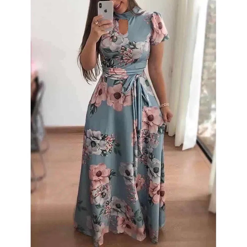 Fashion Boho Floral Print Short Sleeve Long Maxi Dress Lazada PH