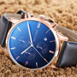 BELUSHI men watch Chronograph Waterproof Calendar Shock Resistant Luxury Holiday gift Mineral glass Leather strap [523]