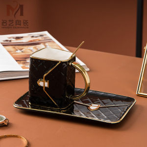 【Fans tone】Creative Bag Shaped Coffee Mug Dessert Plate Net Red Tracing Gold Coffee Cup and Plate Set Milk Tea Cup Home Decoration Gifts