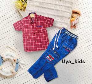 BISA COD-Setelan baju anak lengan pendek motif kotak celana panjang jeans biru kantong samping termurah untuk umur 1 sampai 10 tahun//kemeja anak  model kotak lengan pendek celana jeans//celana jeans anak cowok atasan kemeja lengan pendek edisi lebaran