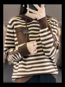 Winter Pure Wool Fashion Soft Sweater Autumn Female New Women Hooded Collar Strip Pullover Cashmere Loose Casual Knit Base Top