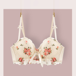 OK Bra Womens Retro Oil Painting Rose Small Chest Gathered Underwear Without Steel Ring Adjustment Bra